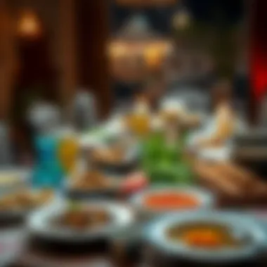 Traditional Iftar Spread A beautifully arranged table filled with traditional Iftar dishes and refreshments.