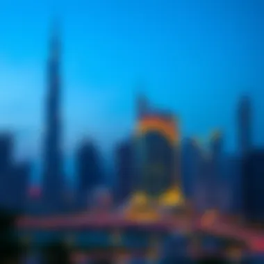 Dubai Skyline with Mala Plaza at Dusk Evening skyline of Dubai featuring Mala Plaza illuminated