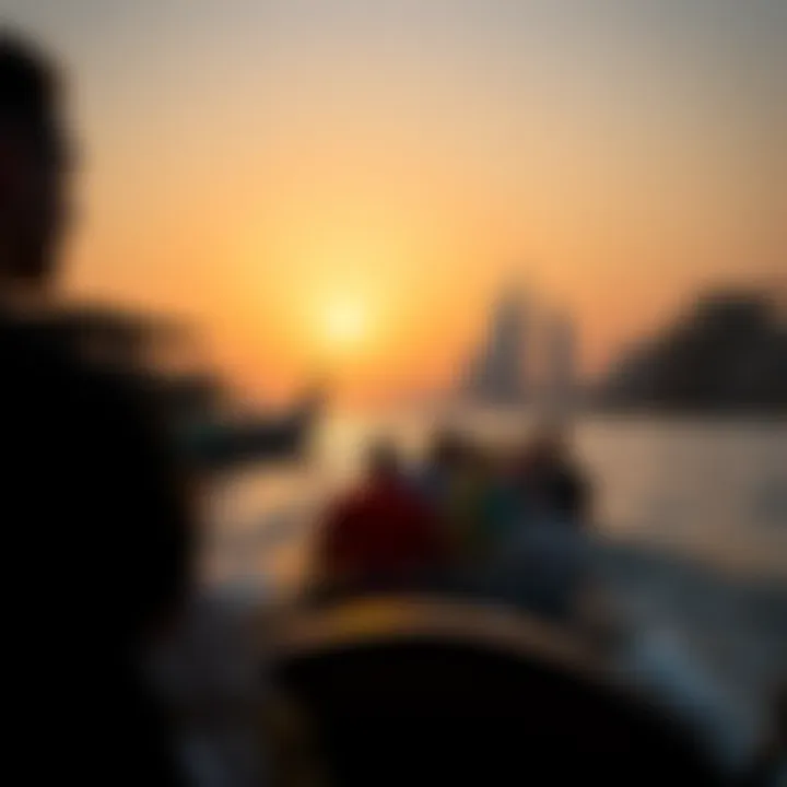 A vibrant scene of passengers enjoying a ride on an abra during sunset.
