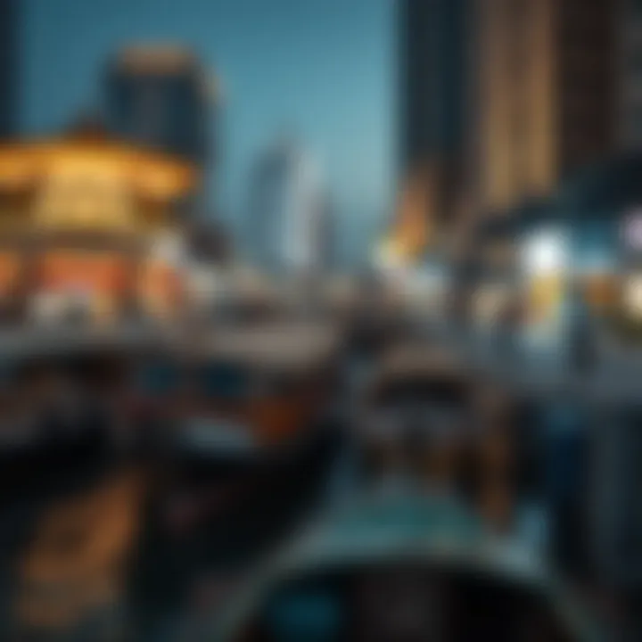 The bustling atmosphere of the Dubai Creek area with abras docked at the station.