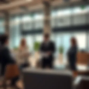 Modern office setting with financial advisors discussing strategies