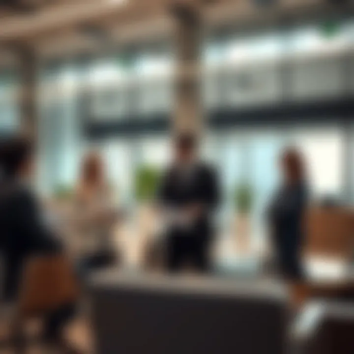 Modern office setting with financial advisors discussing strategies