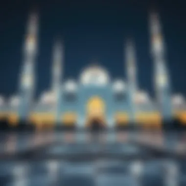 The beautiful architecture of a mosque illuminated at night