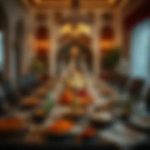 An elegant table set for Iftar, adorned with traditional dishes and fruits