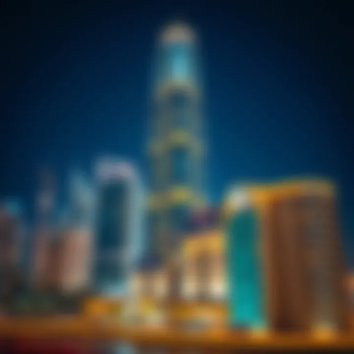 Night view of Shatha Tower illuminated against the Dubai skyline
