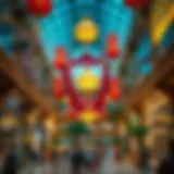Vibrant shopping mall interior with cultural decorations