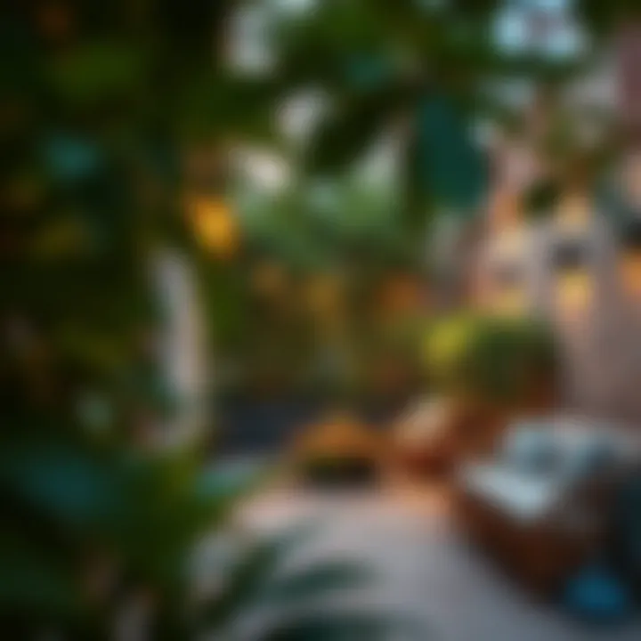 Serene Outdoor Hangout Spot Serene outdoor space with lush greenery and cozy seating