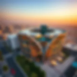 Aerial view of Curve Building showcasing its unique architecture