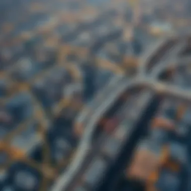 Dubai's Urban Layout and Metro Connectivity Aerial view of Dubai with metro lines highlighted