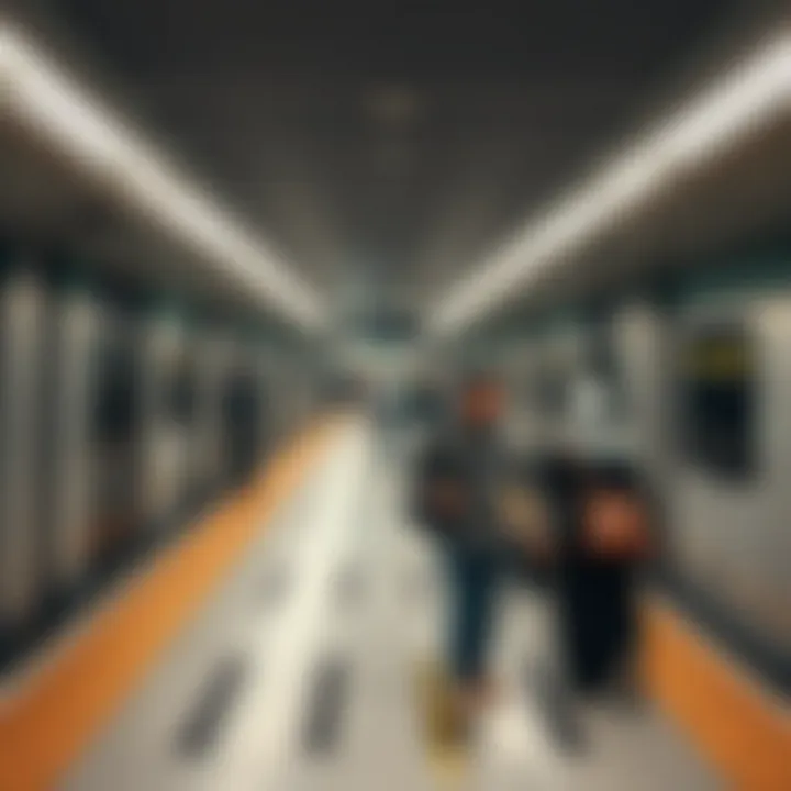 Inside a modern Dubai metro station with commuters