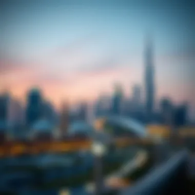 Dubai skyline at dusk during Ramadan lighting up for evening prayers