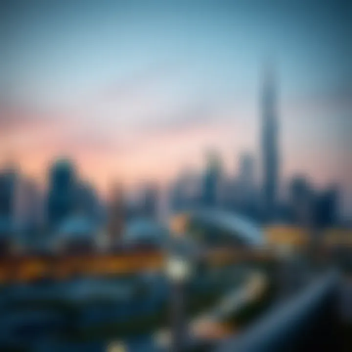 Dubai skyline at dusk during Ramadan lighting up for evening prayers