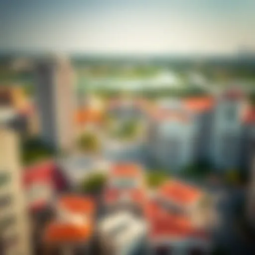Aerial view of International City showcasing diverse architectural styles
