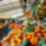 Lively waterfront market showcasing an array of fresh fruits and vegetables